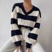 Cozy Oversized V-Neck Sweater Women's Casual Knit Top With Striped Design - Fall & Winter Warm Loose Fit Pullover_ecoleips.com