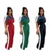 Women's Clothing Suede Fabric Denim Color Matching Stand Up Collar Short Sleeved Long Zipper Jumpsuit Trousers_ecoleips.com