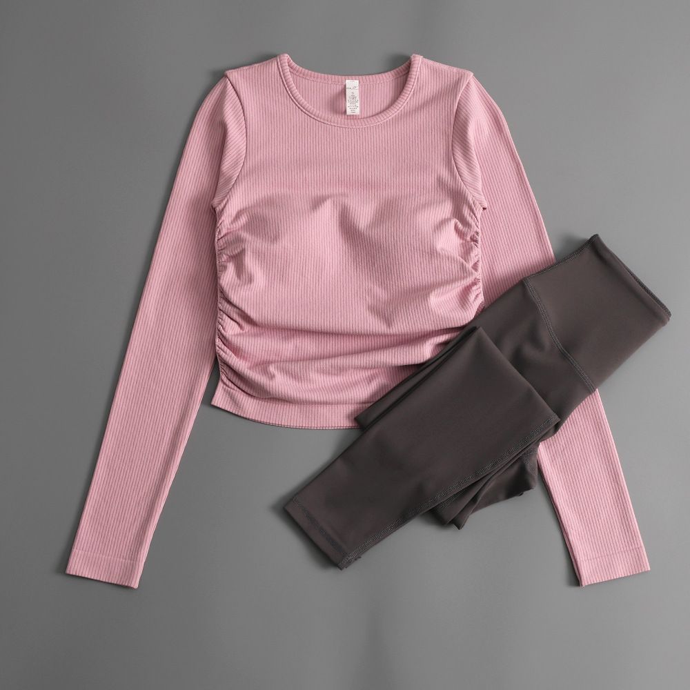 New Yoga Suit Women's Suit With Chest Pad Tight Bottom Shirt Pleated Slimming Running Fitness Top Long Sleeve_ecoleips.com