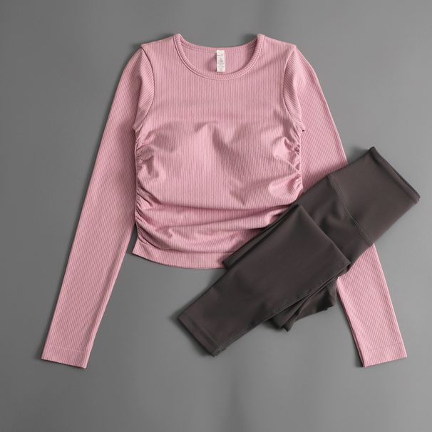 New Yoga Suit Women's Suit With Chest Pad Tight Bottom Shirt Pleated Slimming Running Fitness Top Long Sleeve_ecoleips.com