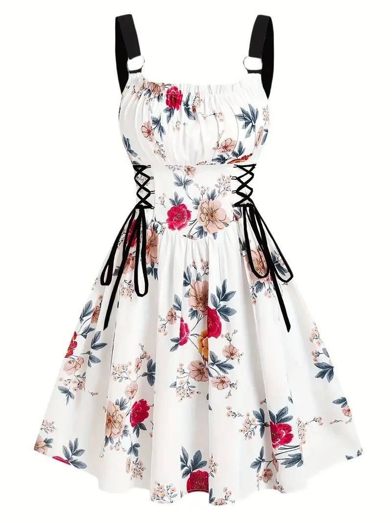 Voya Women's European And American Foreign Trade Independent Site Digital Print Lace-up O-ring Elegant Party Sexy Tank Dress_ecoleips.com