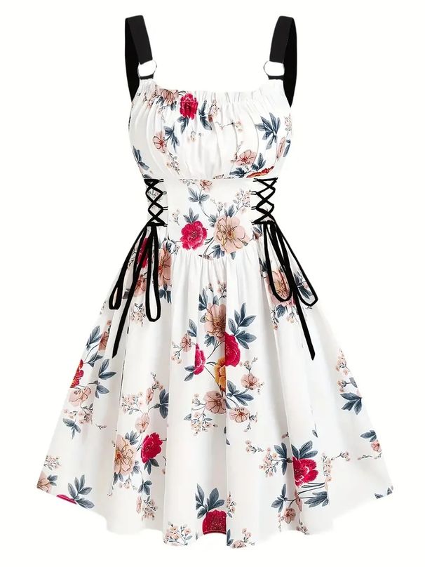 Voya Women's European And American Foreign Trade Independent Site Digital Print Lace-up O-ring Elegant Party Sexy Tank Dress_ecoleips.com