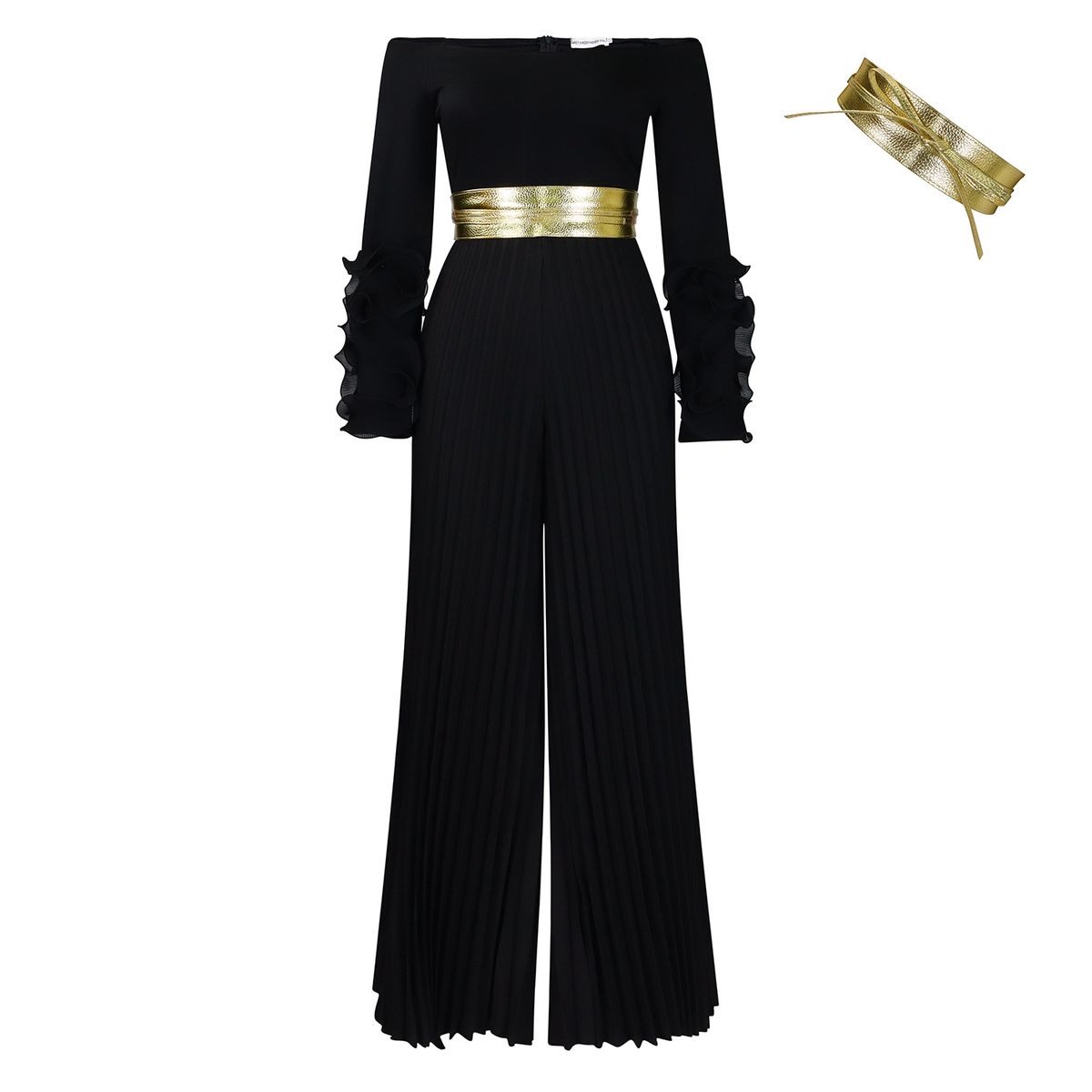 Women's Clothing New Fashion One Shoulder Ruffle Sleeve Solid Color Pleated Wide Leg Jumpsuit_ecoleips.com