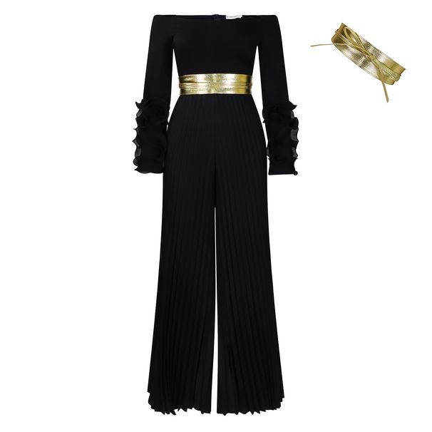 Women's Clothing New Fashion One Shoulder Ruffle Sleeve Solid Color Pleated Wide Leg Jumpsuit_ecoleips.com