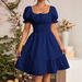 2026 Women Square Neck Short Sleeve Dress, Ruched Ruffled A Line Summer Fashion Dress_ecoleips.com