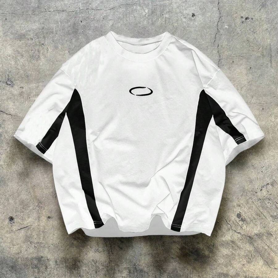 Women's Stylish Printed Pullover T-Shirt Comfortable Loose Short-Sleeved round Neck Color Blocking Casual Black Red Design_ecoleips.com