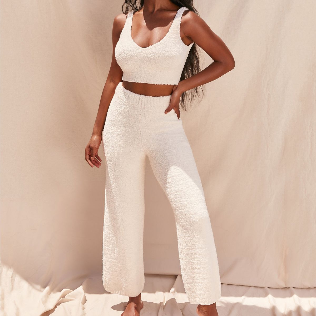 Women's Sexy Crop Top & Flared Pants Set - Soft Knit Fuzzy Sweater Vest High Waist Lounge Pants Two Piece Outfit (White, Khaki, Blue, Pink) S/M/L/XL_ecoleips.com