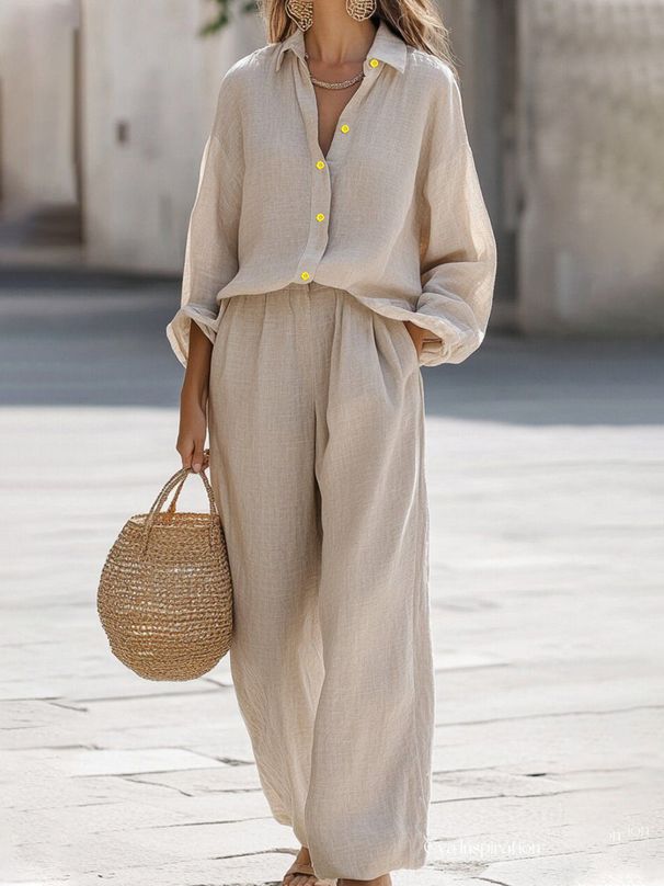 Women's Casual Long-Sleeve Shirt & Pants Set – Breathable Cotton Blend Lounge & Workwear Outfit In 6 Colors_ecoleips.com