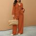 Women's Elegant Two Piece Sports Suit Autumn Winter V Neck Lace Trimmed Cardigan Shirt Trousers Set_ecoleips.com