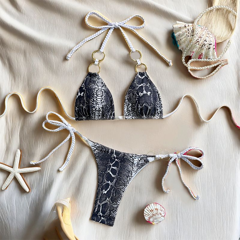 New Snake Print Split Swimsuit Women's European And American Bikini Sexy Triangle Bag Tie Dye Halter Neck Pure Desire Style Bikini_ecoleips.com