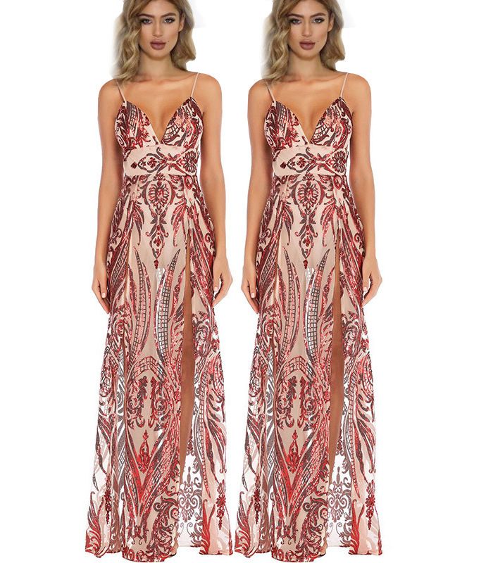 Hot Sale European And American Women's Deep V Sexy Suspender Slit Dress Evening Dress_ecoleips.com