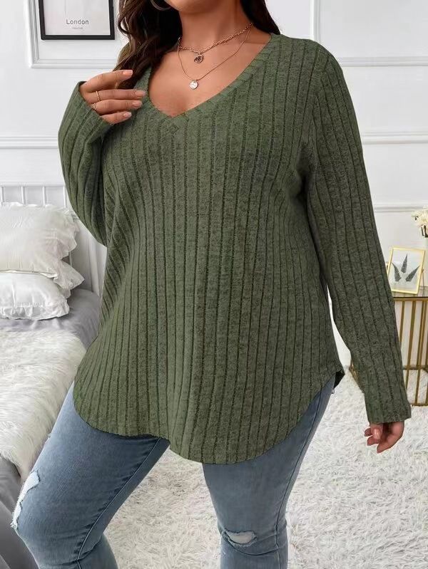 Women's Autumn/Winter Solid-Color Oversized V-Neck Long-Sleeve Striped Brushed Fleece T-Shirt_ecoleips.com