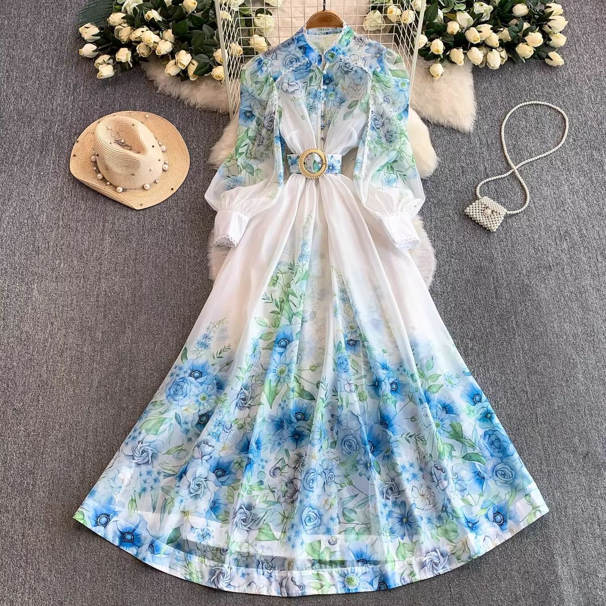 Women's French Style Lace Trimmed Stand up Collar Dress Long Sleeved Elegant Full Skirt Tie Waist Spring Autumn Resort Wear_ecoleips.com