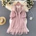 Heavy Industry 3D Floral Mesh Elegant Stand Collar Lantern Sleeve High Waist Slim Fit Two Piece Fairy Dress For Women_ecoleips.com