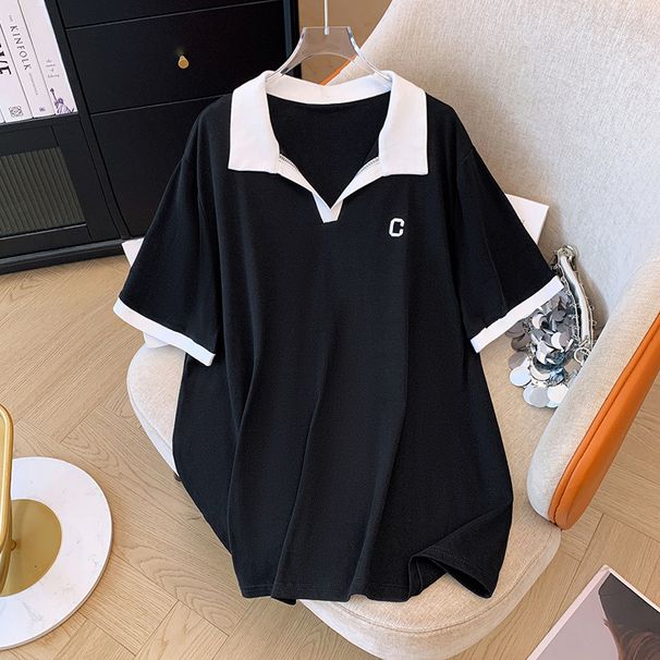 Women's Clothing Plus Size Loose Slim Straight Shoulder POLO Collar Short Sleeved T Shirt_ecoleips.com