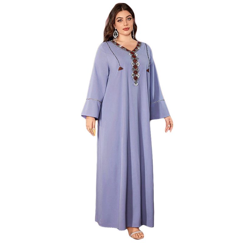Lilac Trumpet Sleeves Beaded Sequins Plus Size Dress Fashionable Cuffs Silver Diamond Stripe Dress_ecoleips.com
