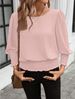K New Loose Plus Size Round Neck Solid Color Ruffled Shirt With Lantern Sleeves. No Necklace Or Other Accessories_ecoleips.com
