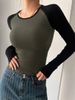 Slim Color Block T-Shirt, Casual Crew Neck Long Sleeve T-Shirt For Spring & Summer, Women's Clothing_ecoleips.com