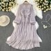 Korean Style Beaded Lantern Sleeve Stand up Collar Dress Waist Cinching a Line Glossy Beach Vacation Dress_ecoleips.com
