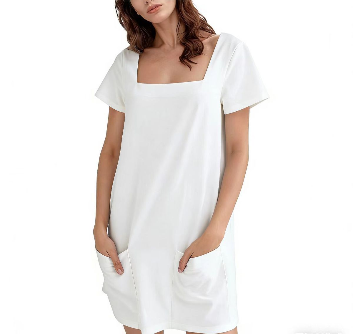 2026 Women's Square Neck Short Sleeve Fashion Short Skirt Pocket Casual Dress_ecoleips.com