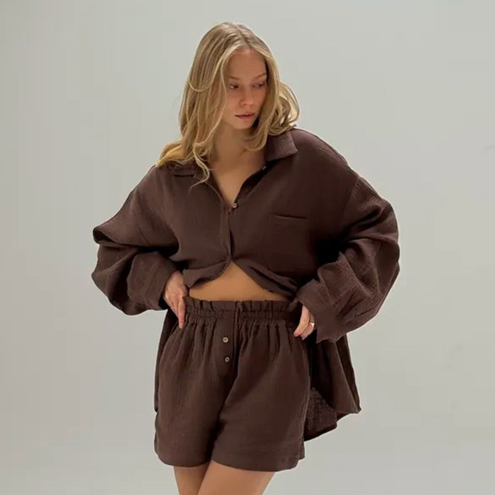 Women's Solid Color Shirt Set Style Double Layer Crepe Fabric Casual Long Sleeved Top And Shorts Spring Summer_ecoleips.com