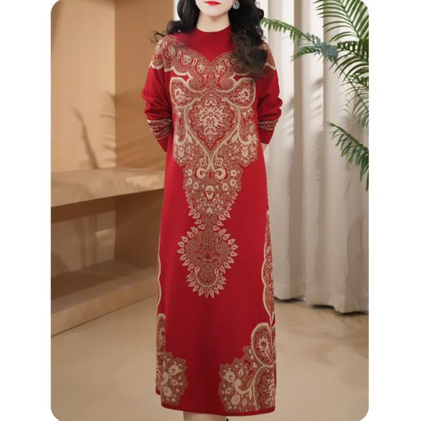 Women's Autumn/Winter Loose-Fitting Oversized Slimming Knit Dress With Ethnic-Style Jacquard Design And Sweater Skirt_ecoleips.com