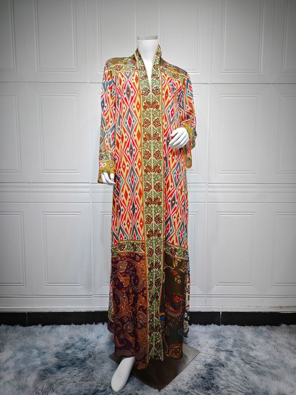 Women's Long Sleeve Embroidered Kaftan Dress – Flowy Maxi Dress With Ethnic Print & Beading (Polyester, S-Xxl, Multi-Color)_ecoleips.com