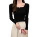 girl Square Slim Fit Long Sleeve Base Shirt 2025 Autumn New Korean Style Low Neck Inner Sweater Women Knitted Student Top_ecoleips.com