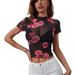 European And American Cross-border 2026 Summer New Style Mesh Floral Print Ruffled Short-sleeve T-shirt Slim-fit Top For_ecoleips.com