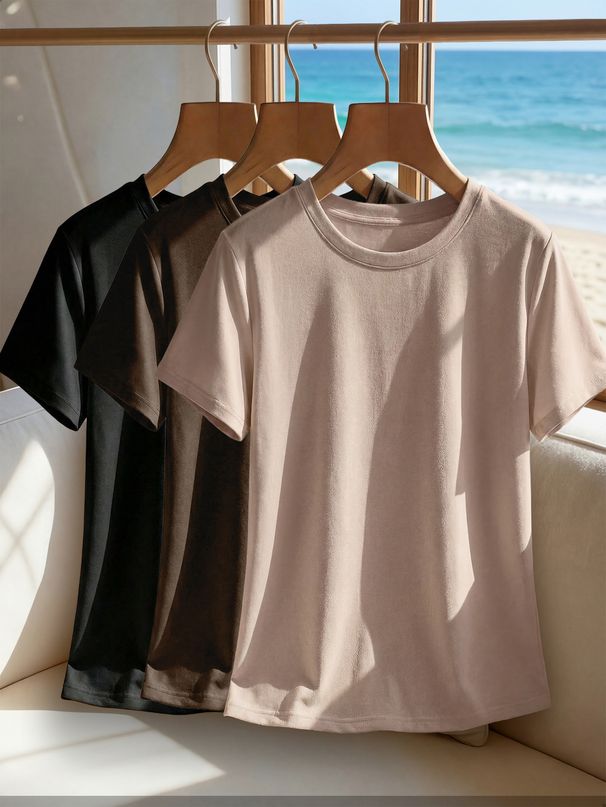 Women's Style Casual Round Neck Short Sleeve Plain Sports Top Solid Color Loose Three Piece T-Shirt Set_ecoleips.com