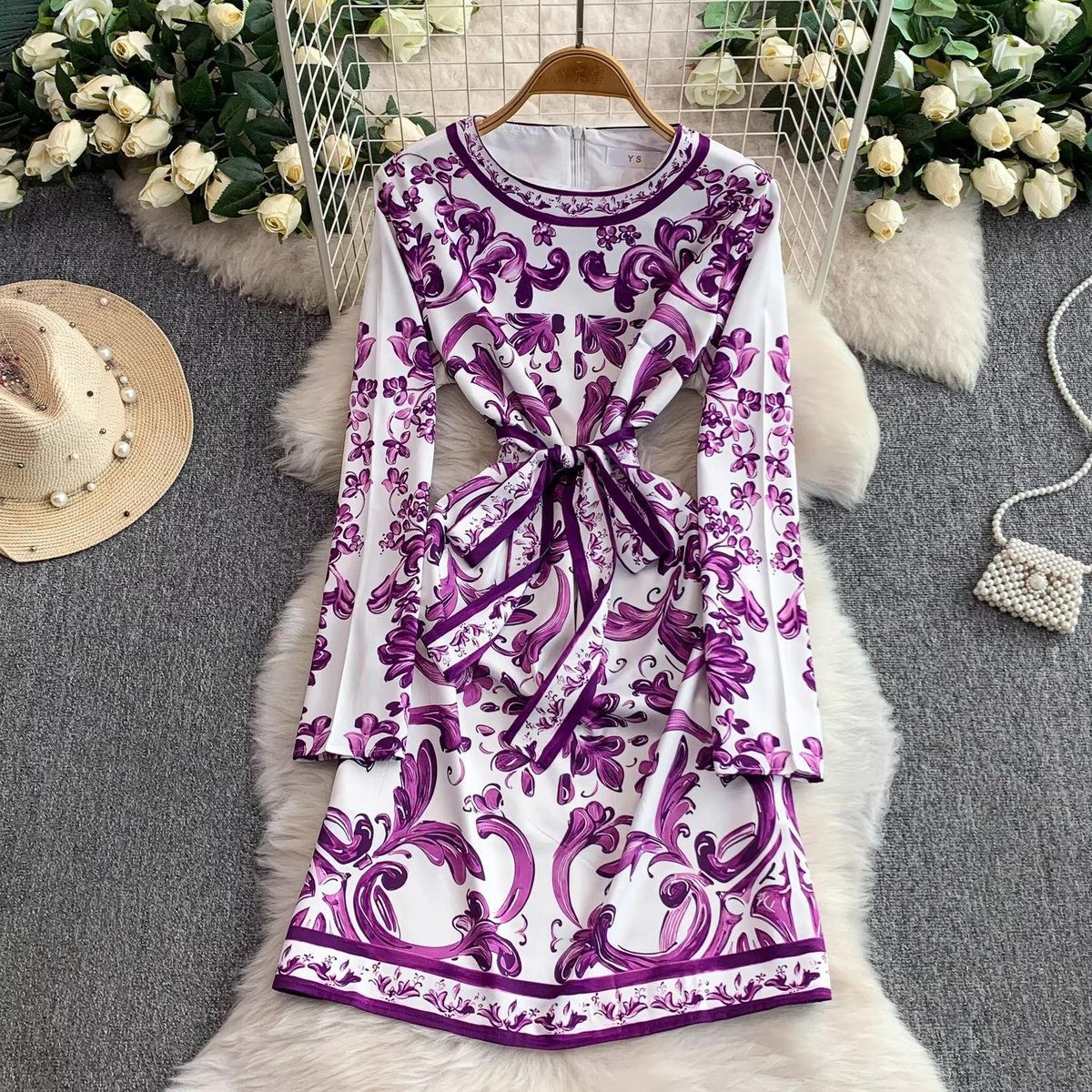 Blue And White Porcelain Print round Neck Dress for Women Tie Waist Elegant Bodycon Midi Skirt European American Style Niche Chic Autumn_ecoleips.com