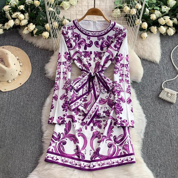 Blue And White Porcelain Print round Neck Dress for Women Tie Waist Elegant Bodycon Midi Skirt European American Style Niche Chic Autumn_ecoleips.com