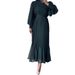 Elegant Patchwork Maxi Dress With Semi-High Neck – European Designer Inspired Long Sleeve Dress For Women (Dark Green)_ecoleips.com