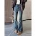Retro Blue Frayed Hem Flared Jeans For Women, New Spring-summer High-waisted Slimming Design With Hip-covering Slit_ecoleips.com