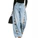 Women's Loose Fit Denim Jeans With Metal Grommet Details - Vintage Washed Blue & Black High-Rise Wide Leg Trousers For Casual Style_ecoleips.com