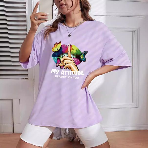 Women's Casual Loose T-Shirt round Neck Short Sleeve Butterfly Lip Print Simple Sports Top European American Style Summer_ecoleips.com