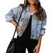 Women's Distressed Leopard Print Denim Jacket Button Down Washed Long Sleeve Ripped Cheetah Design_ecoleips.com