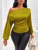 New Women's Satin Shirt Spring Summer Long Sleeve Asymmetric Neck Blouse Top_ecoleips.com