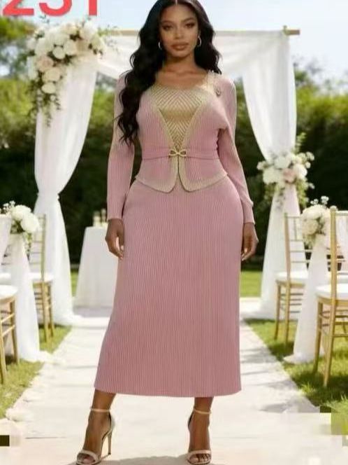 Women's Clothing Elegant Commuter Dress High End Miyake Style Color Blocked Faux Two Piece Design V Neck Long Dress For Women_ecoleips.com