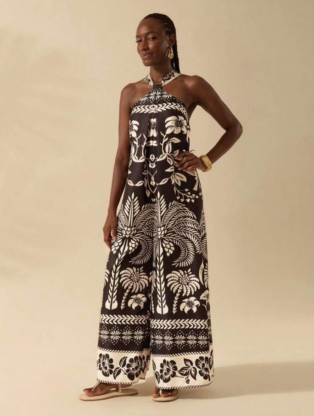 Women's Clothing Printed Fashion Sexy Temperament Halterneck Sleeveless Wide Leg Trousers_ecoleips.com