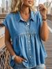 Women's Cap Sleeve Denim Blouse, Casual Loose Pleated Babydoll Shirt, Button Down Collared Peplum Top For Daily Streetwear Summer Everyday Wear, Soft_ecoleips.com
