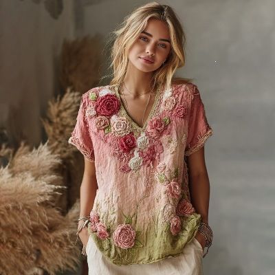 Women's 3D Digital Print T-Shirt V Neck Short Sleeve Loose Fit Floral Artistic Street Style Top European American Inspired_ecoleips.com