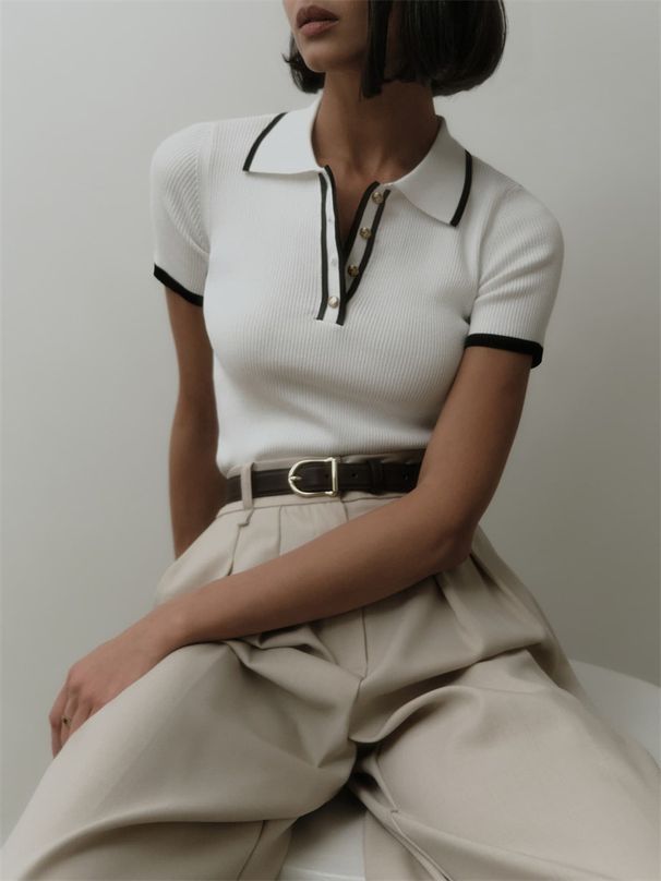 Women's Clothing Slim Fit Short Sleeved Lapel Top Summer New Thread Tight Contrast Color Temperament Sweater_ecoleips.com