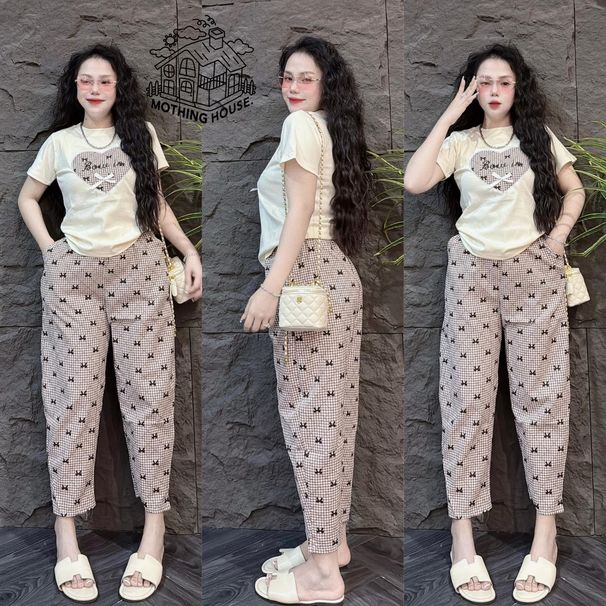 Women's Summer Casual Heart Print Two Piece Set Wide Leg Pants Bow Detail Plaid Short Sleeved Top Cute Fashion_ecoleips.com