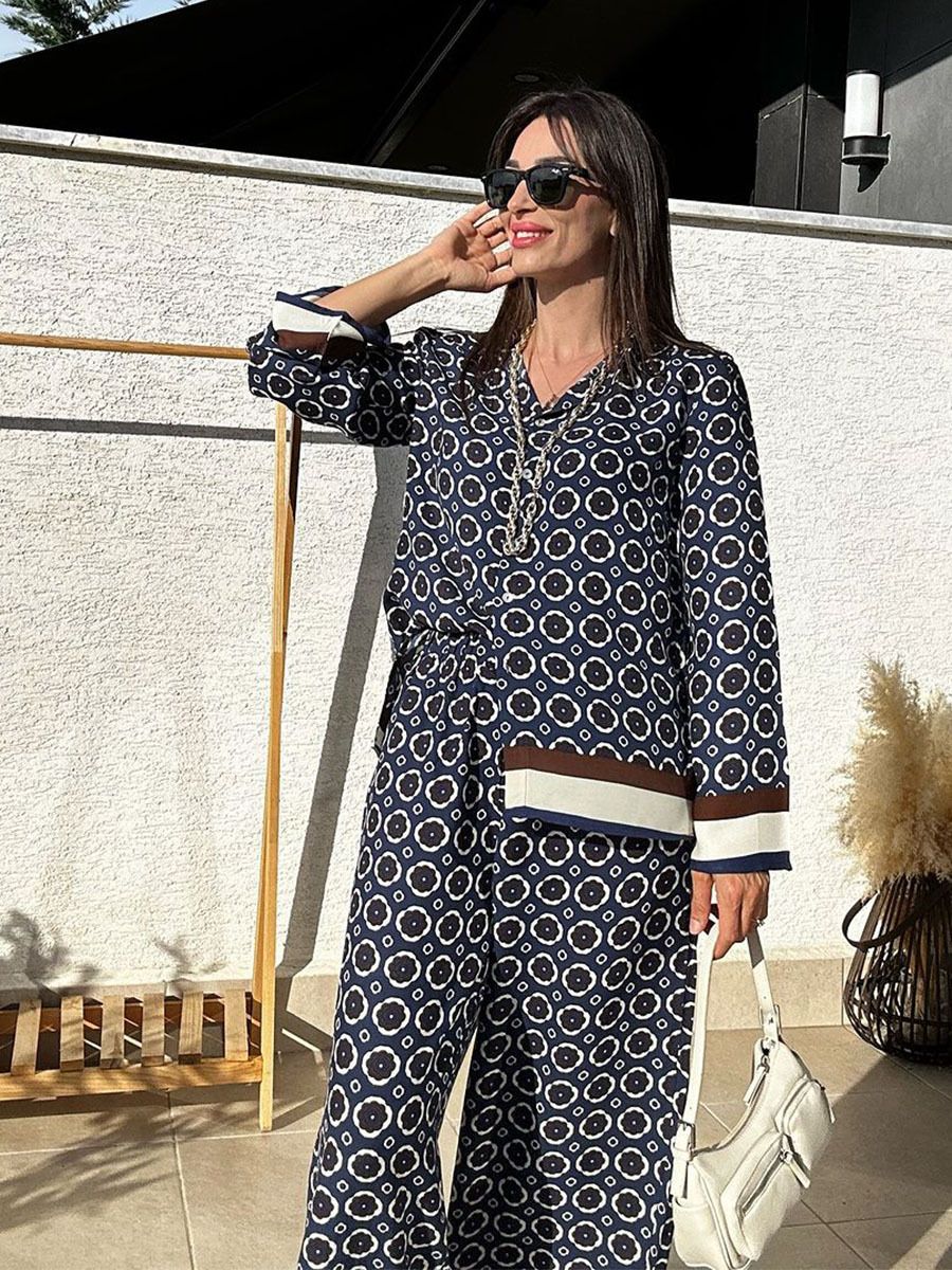 Bohemian Print Lounge Set – Women's Long Sleeve Shirt & High Waist Pants Outfit, Loose Fit Ethnic Two-Piece (Black/Grey/Blue, S-5XL)_ecoleips.com