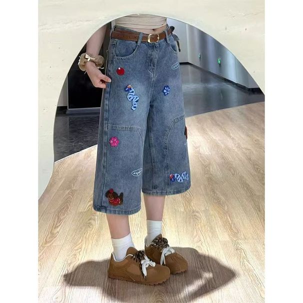 Women's Clothing Women's High-Waisted Cropped Jeans Retro Cartoon Embroidery 7/8 Length Straight Wide Leg Paulownia Style Shorts Summer Fashion_ecoleips.com