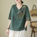Summer Retro-Style, Ethnic-Inspired Artistic Top With V-Neck Design And Heavy Embroidery; Short-Sleeved, Versatile For C_ecoleips.com
