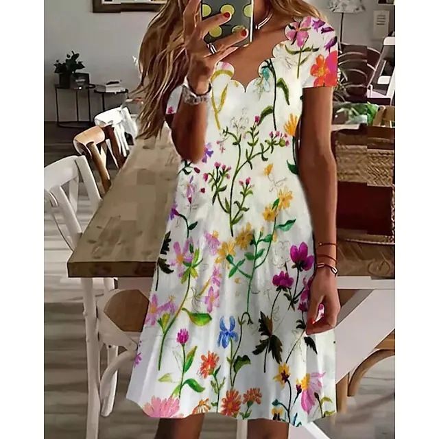 Summer Women's Digital Print Dress V Neck Short Sleeve Casual Elegant Fashion Thin Suitable American Style_ecoleips.com
