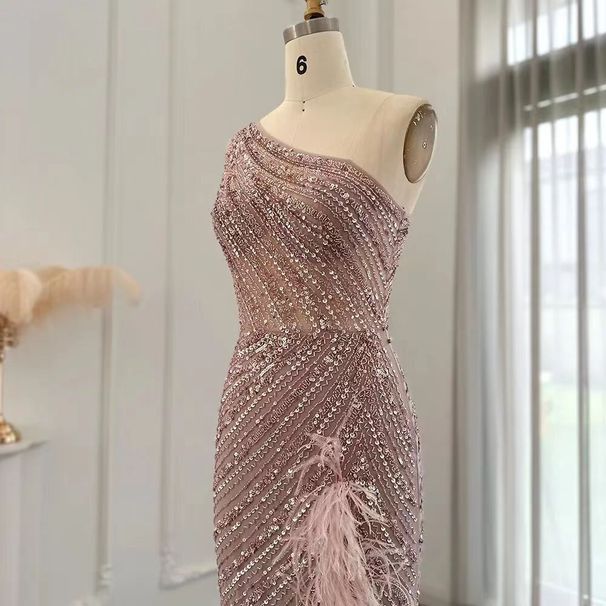 Women's Clothing Temperament Evening Dress Evening Party One Shoulder Dress Waist Slimming Party Dress Birthday Party Host Dress_ecoleips.com