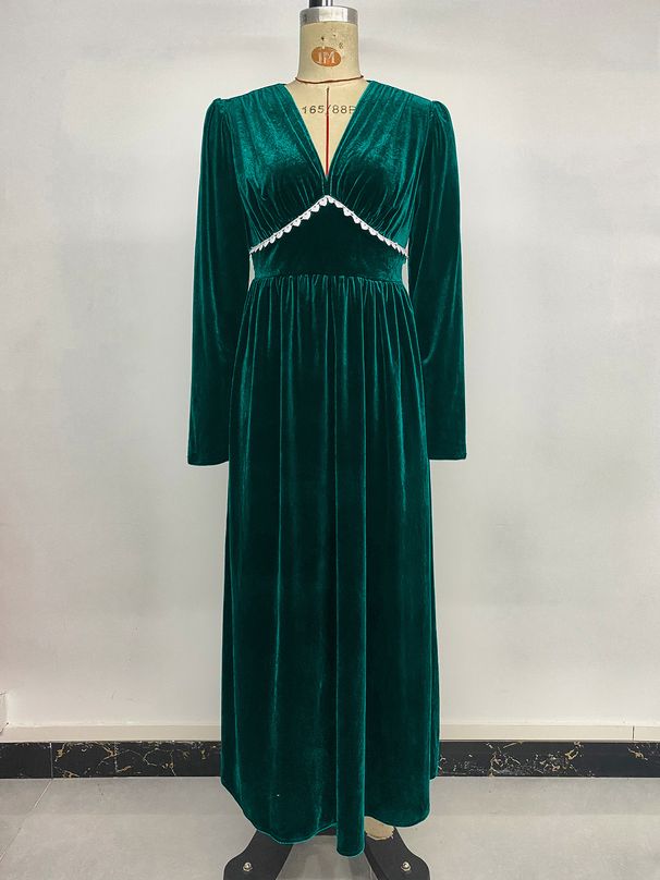 K New Elegant Retro Party Long Dress With Lace Patchwork V-neck Dress_ecoleips.com